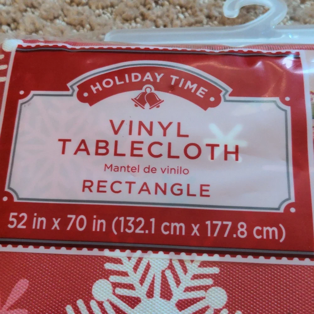 NIB Christmas Snowflakes Red Vinyl Rectangle Tablecloth (52